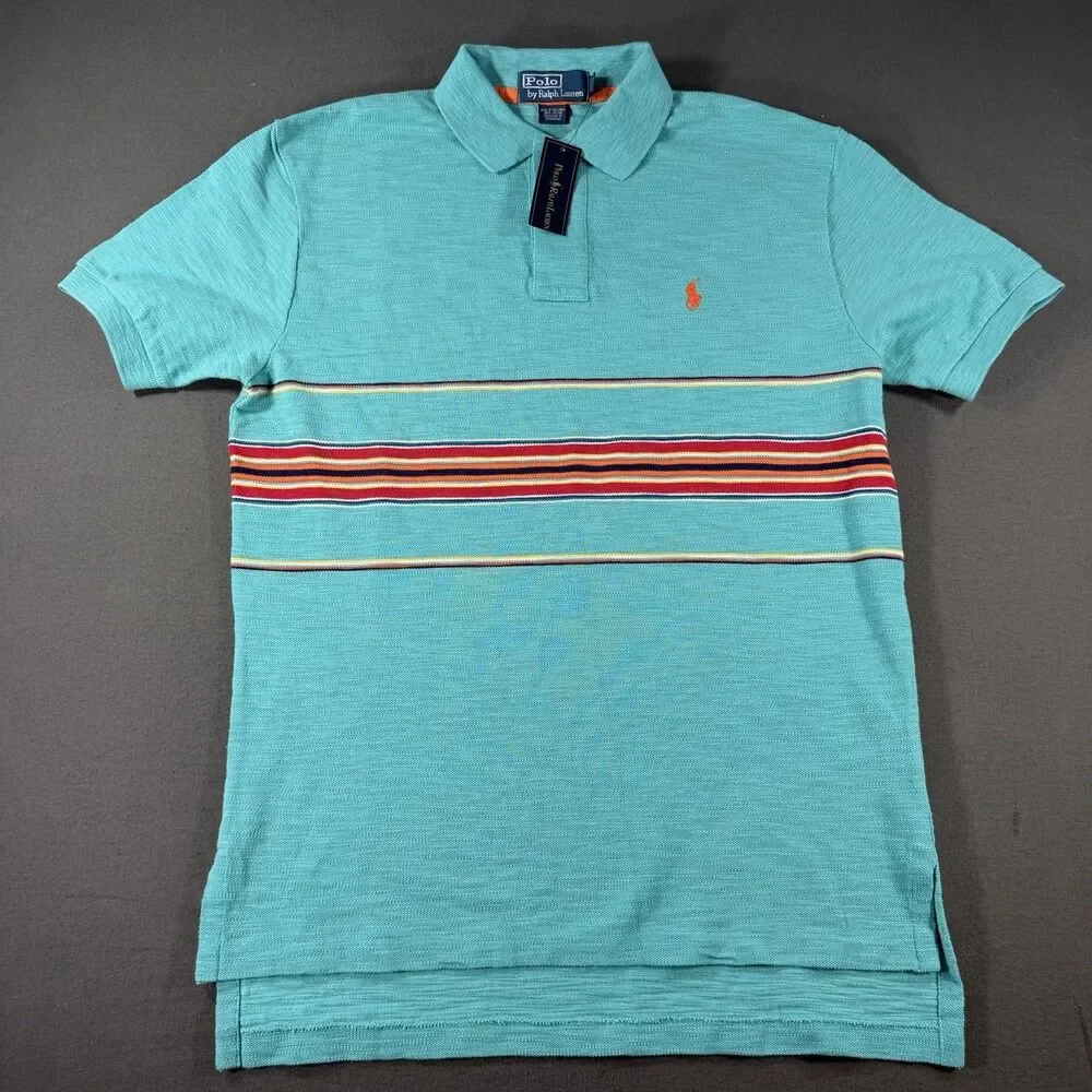 Vintage Polo Ralph Lauren Shirt Mens Small Teal Golf Striped Pullover Terry New